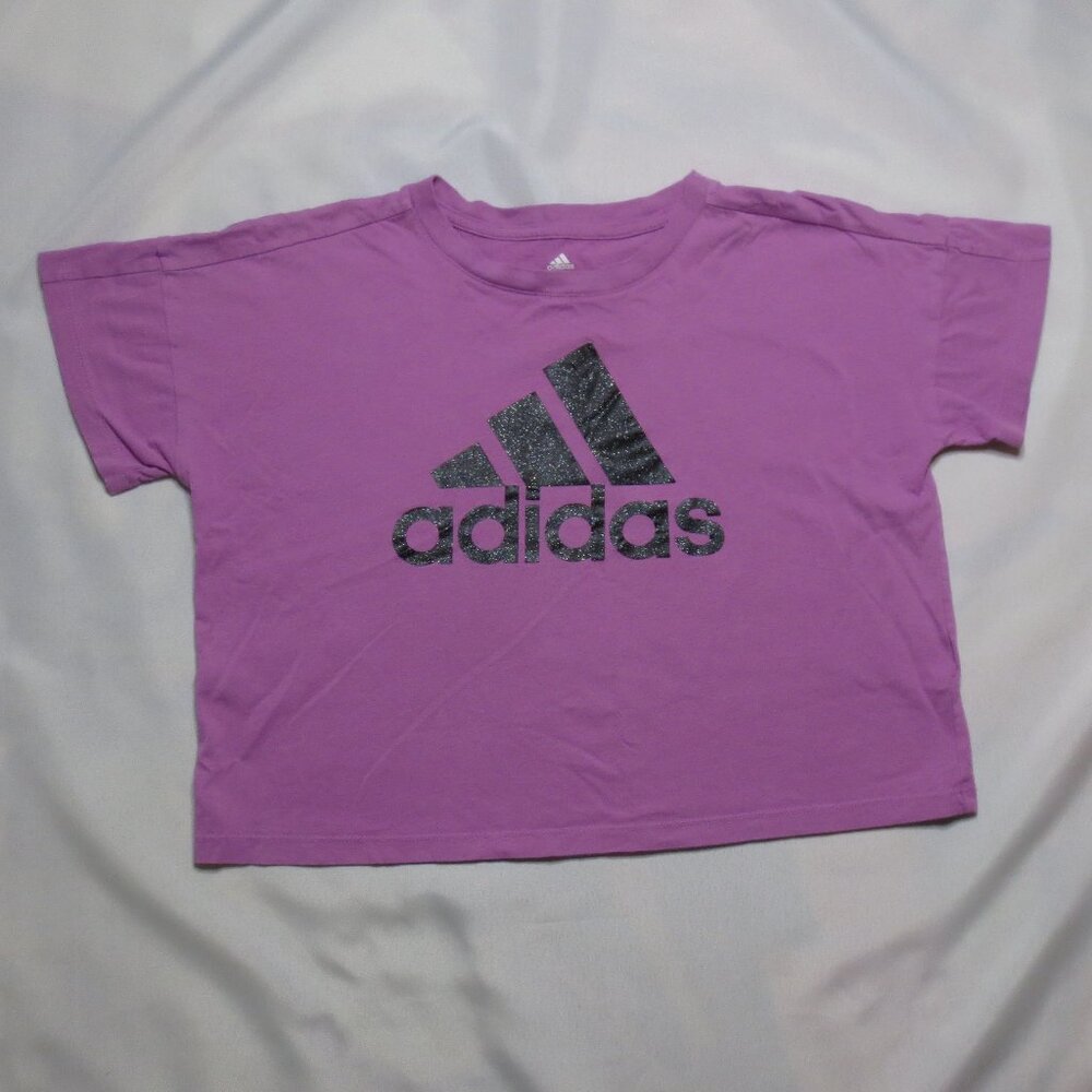 ADIDAS womens T-SHIRT purple CROPPED black LOOSE FIT lilac GLITTER tee SIZE M